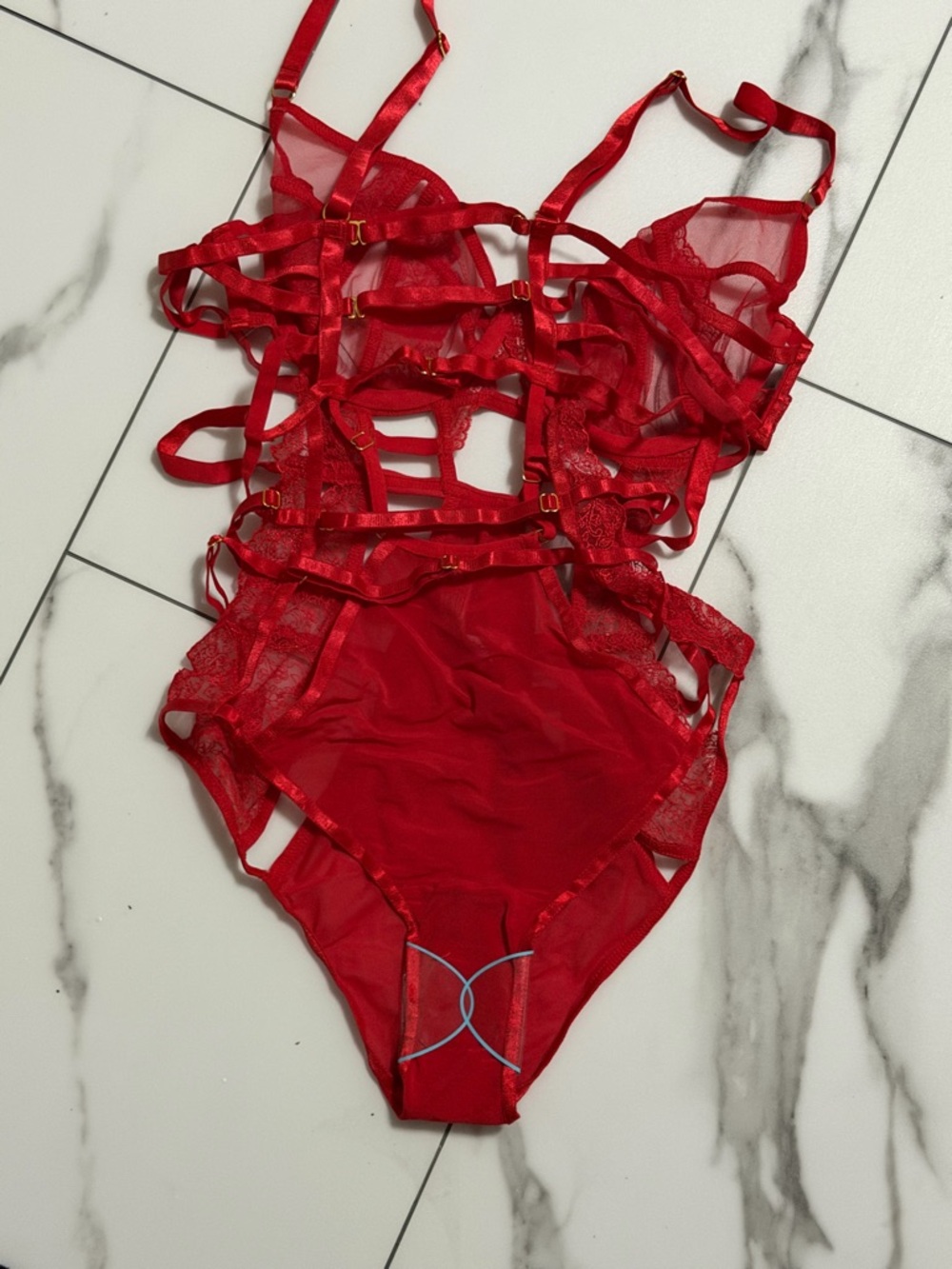 Red Strappy Lace Teddy Bodysuit - Picture 3 of 4